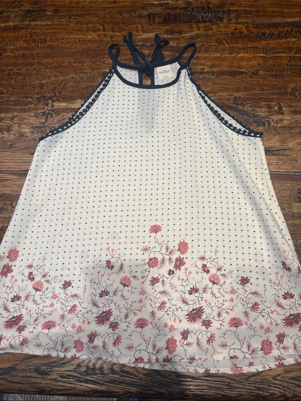 Kaileigh White Floral Border Halter Camisole with Navy Trim